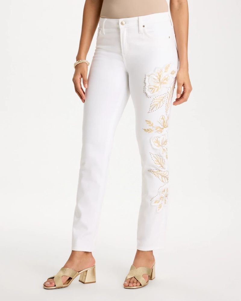 Chicos No Stain Girlfriend Floral Embellished Slim Ankle Jeans - ALABASTER