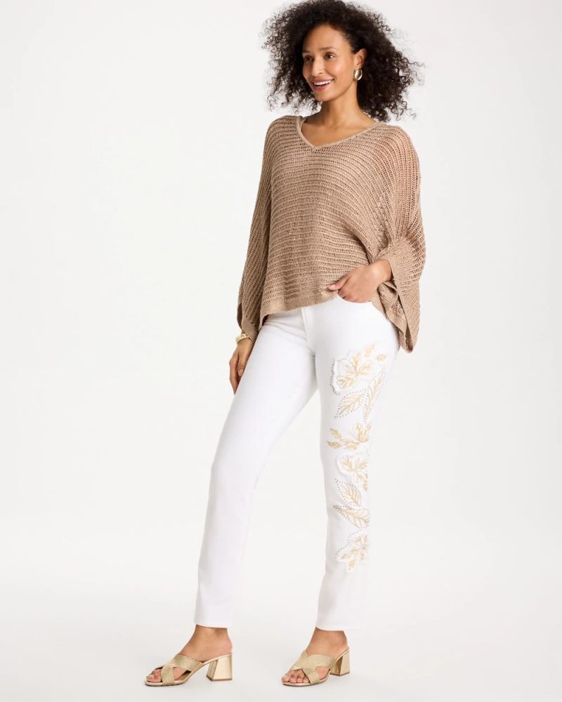 Chicos No Stain Girlfriend Floral Embellished Slim Ankle Jeans - ALABASTER