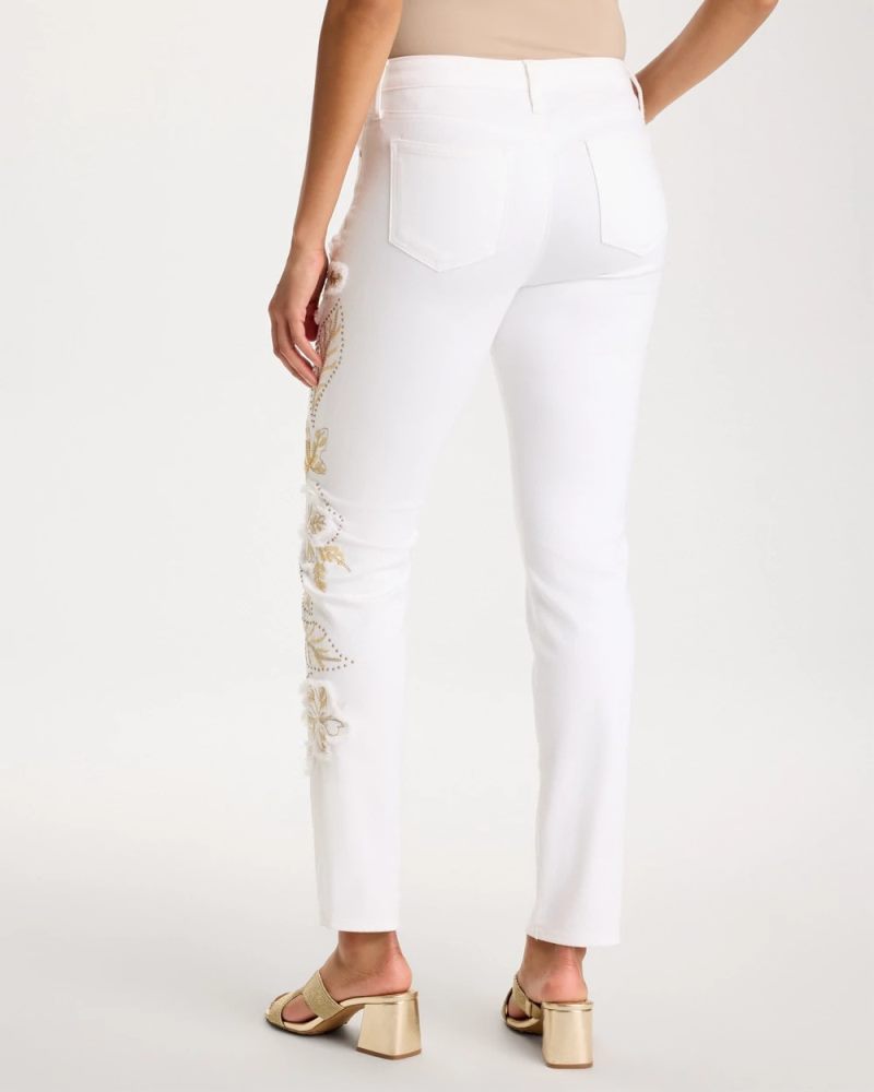 Chicos No Stain Girlfriend Floral Embellished Slim Ankle Jeans - ALABASTER