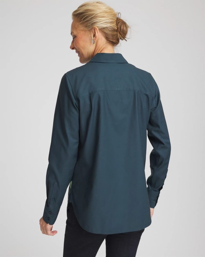 Chicos No Iron Glacial Flora Sateen Shirt - TEAL SHADOW
