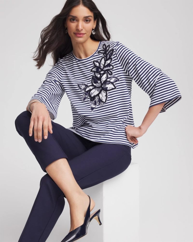 Chicos Floral Embroidered Tee - PASSPORT BLUE