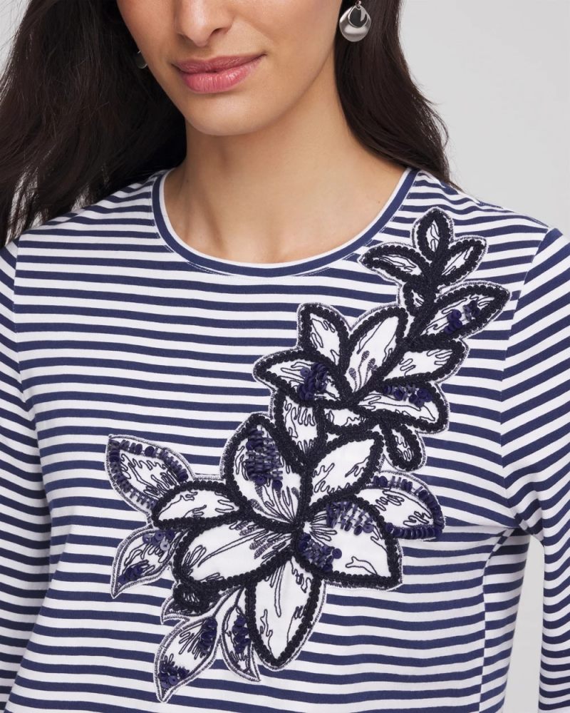 Chicos Floral Embroidered Tee - PASSPORT BLUE