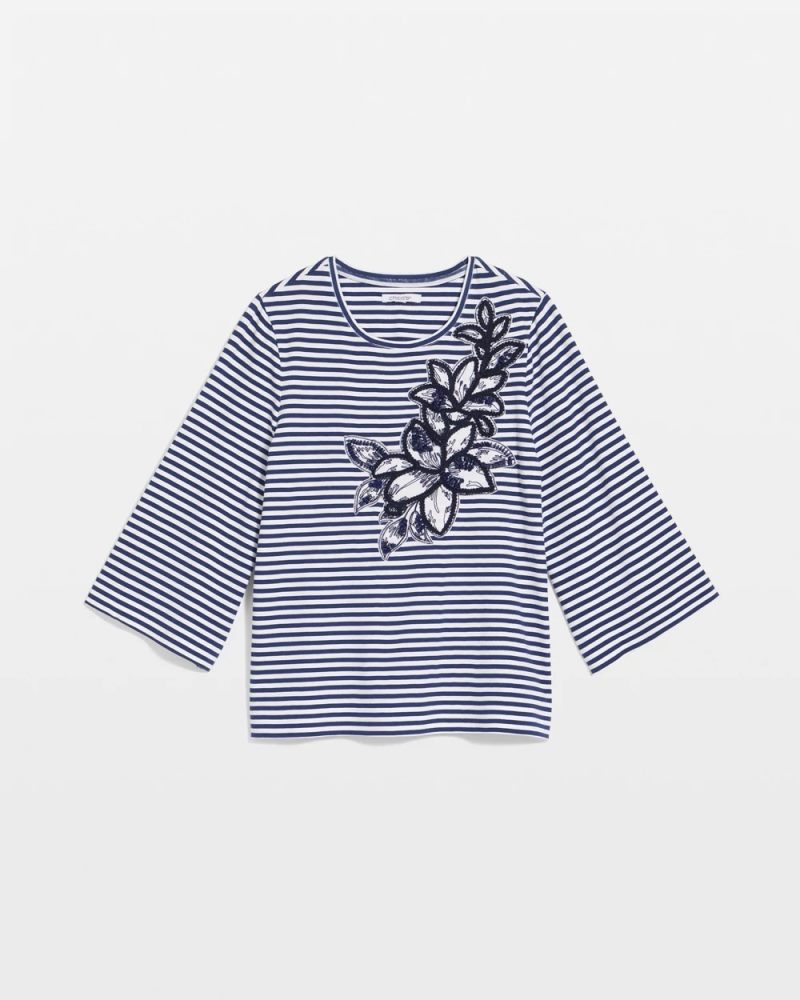 Chicos Floral Embroidered Tee - PASSPORT BLUE
