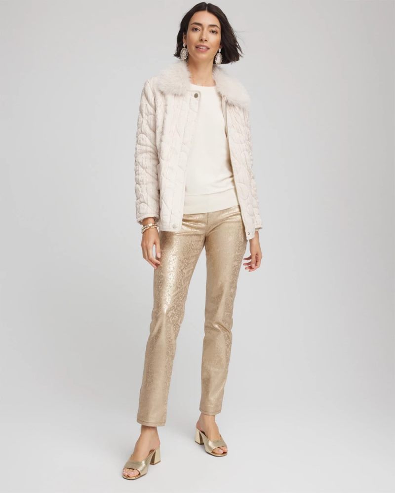 Chicos Girlfriend Slim Ankle Foiled Lace Jeans - CHAMPAGNE FIZZ