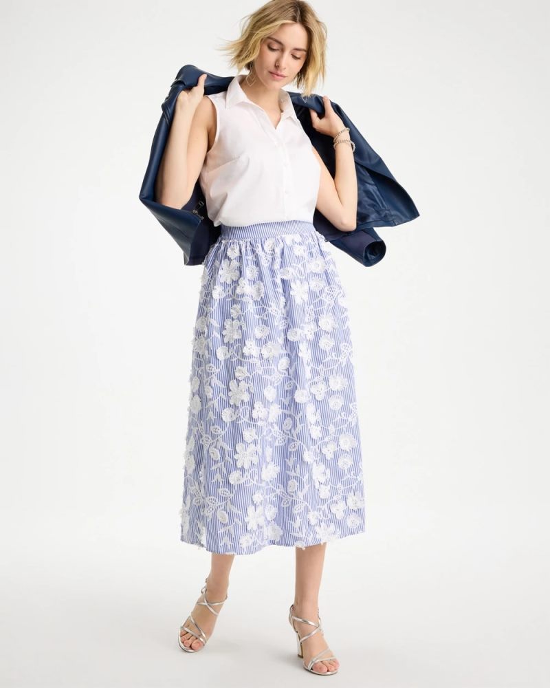 Chicos Cotton Embroidered Floral Skirt - ALABASTER