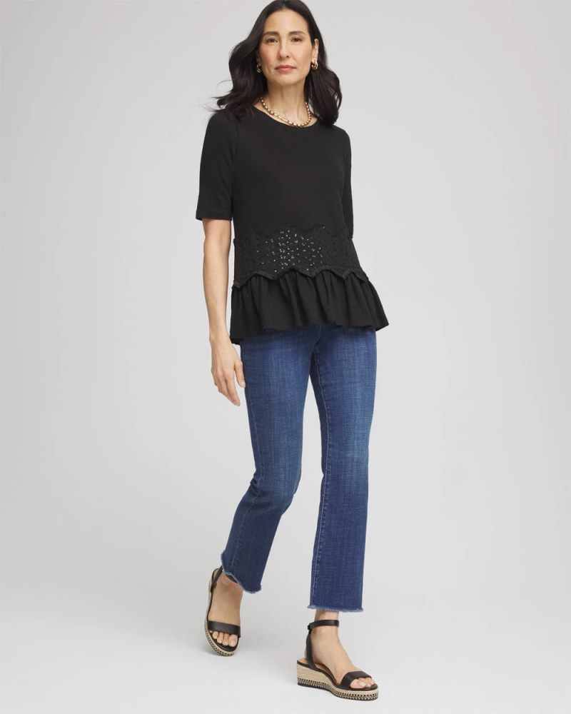 Chicos Chevron Sequin Peplum Linen Tee - BLACK