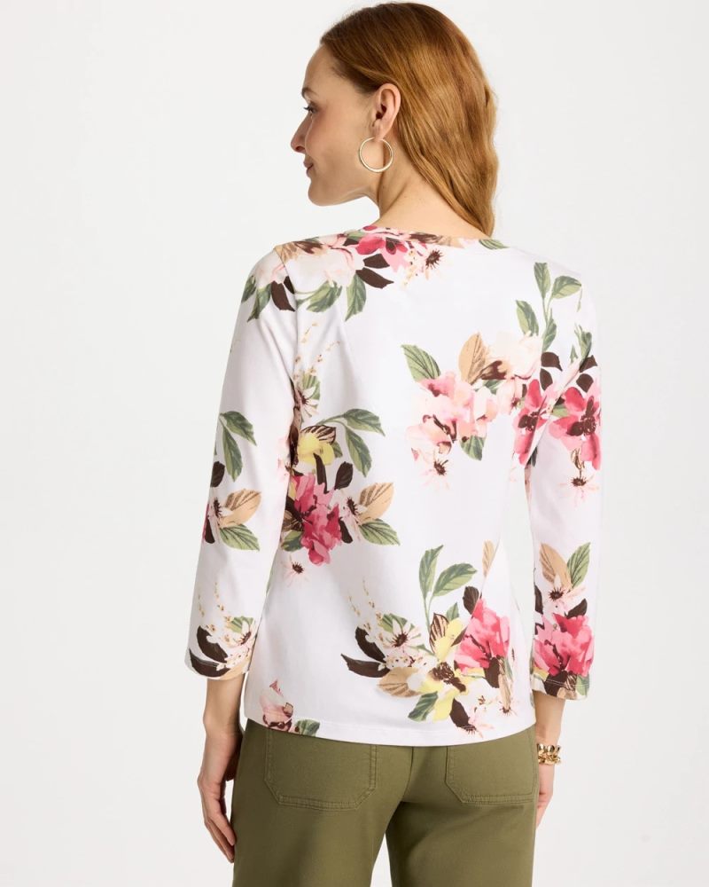 Chicos Printed Cotton Stretch 3/4 Sleeve Tee - HOT HONEYSUCKLE