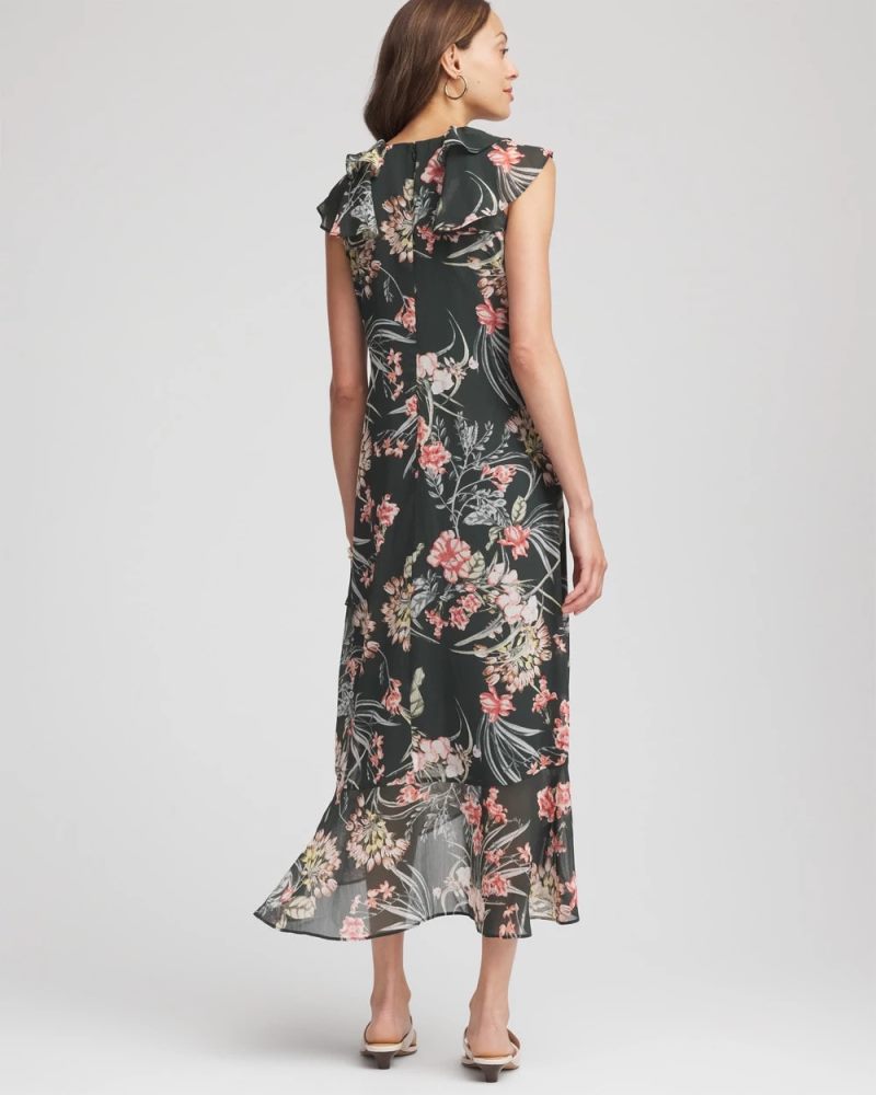 Chicos Floral Ruffle-Trim Chiffon Dress - DARKEST SPRUCE