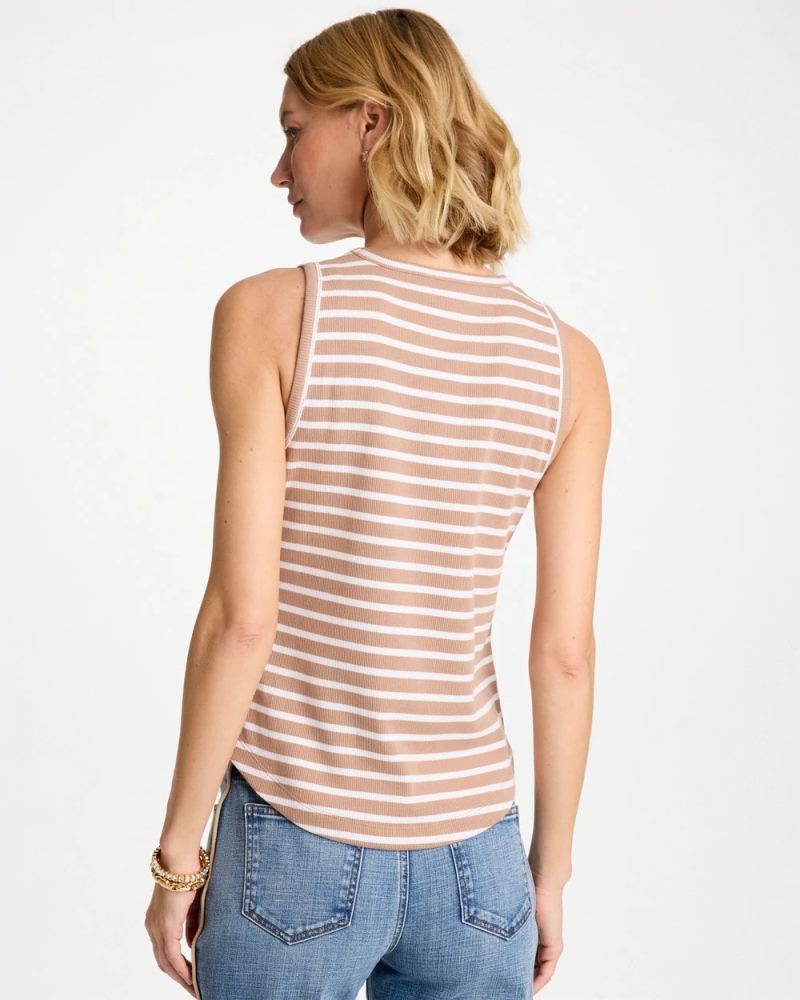 Chicos Striped High Neck Rib Tank - CATTAIL BROWN