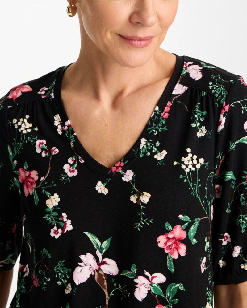 Chicos Kyoto Shirred Elbow Sleeve Tee - BLACK