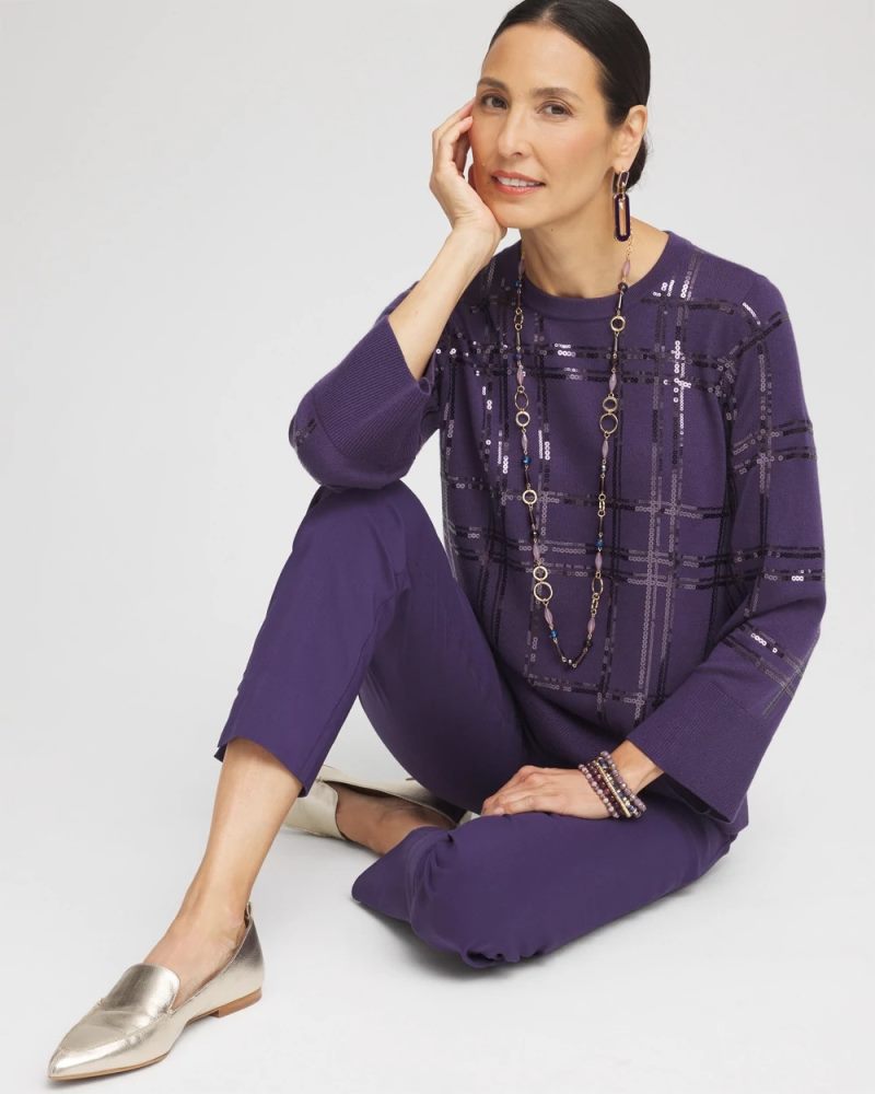 Chicos Sequin Plaid Long Sleeve Sweater - MIDNIGHT VIOLET