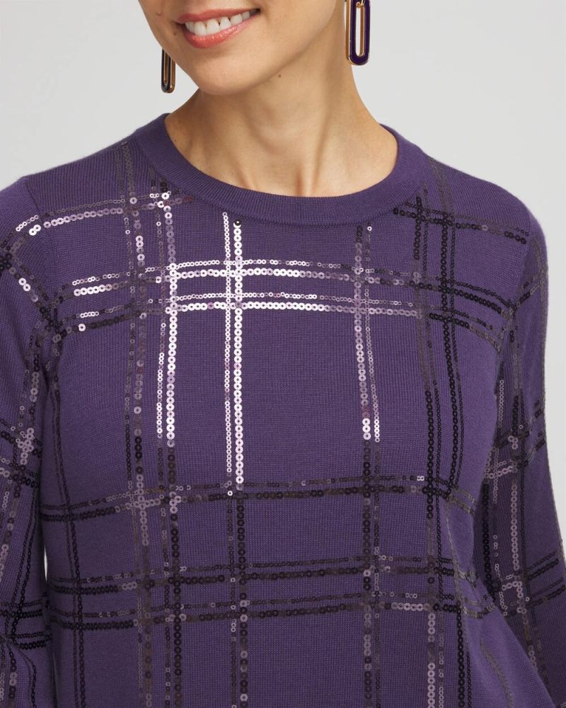 Chicos Sequin Plaid Long Sleeve Sweater - MIDNIGHT VIOLET