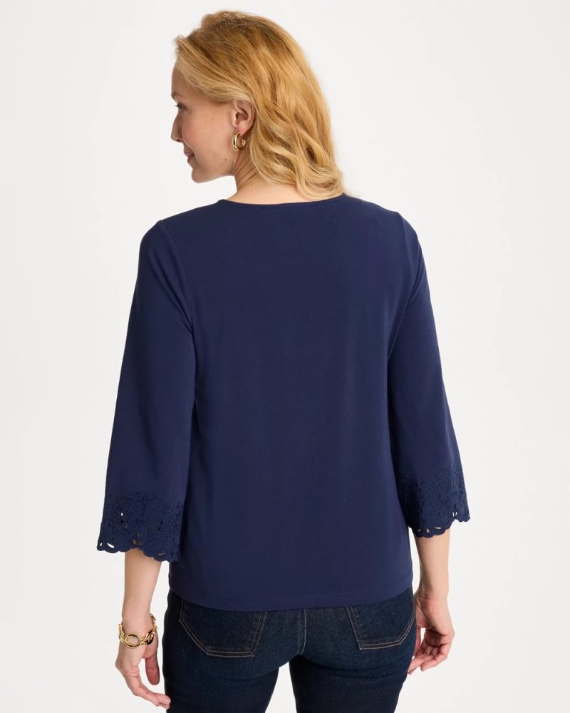 Chicos Embroidered Hem Top - PASSPORT BLUE