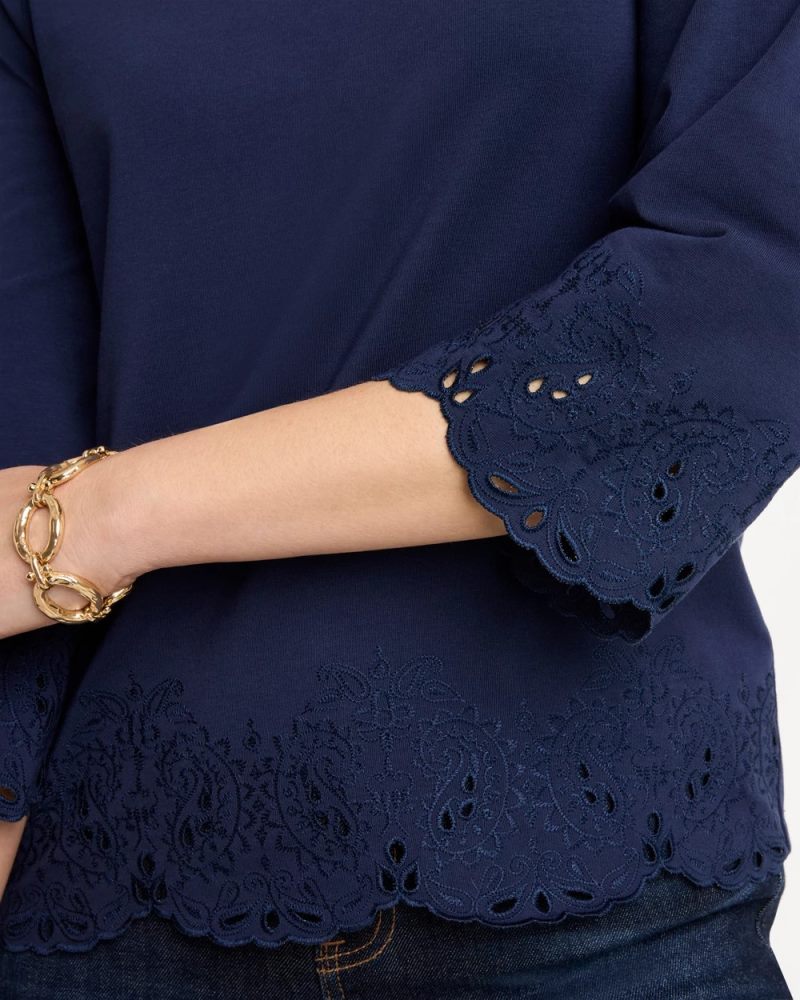 Chicos Embroidered Hem Top - PASSPORT BLUE