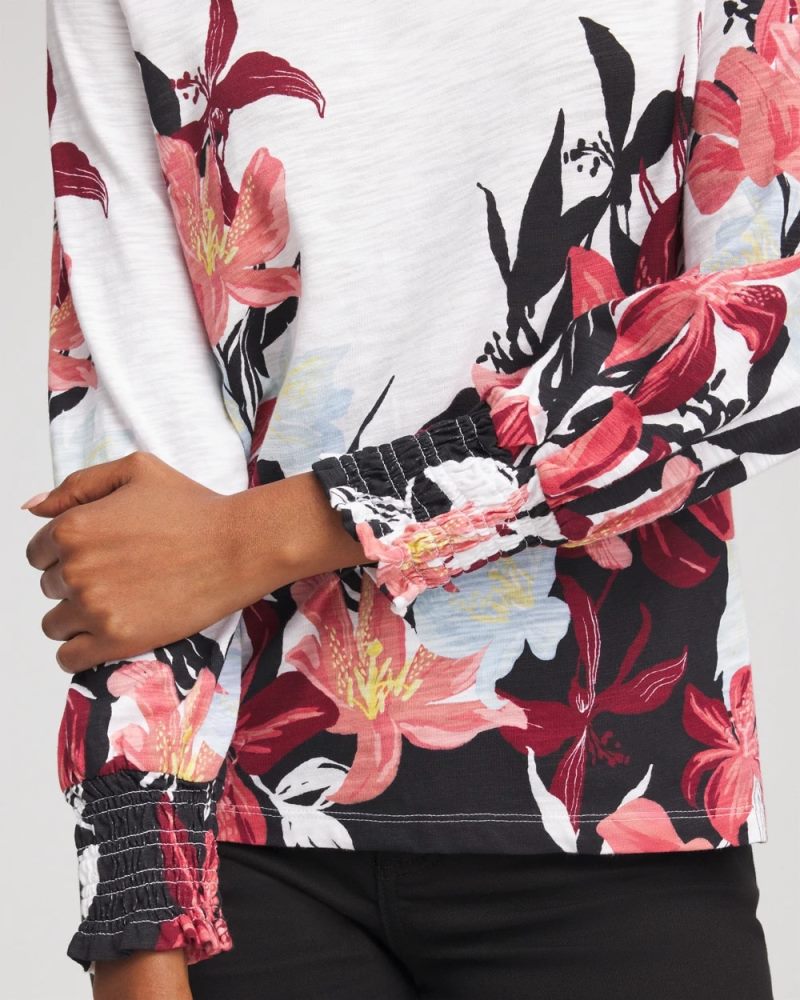 Chicos Floral-Motif Smocked Cotton-Slub Tee - ALABASTER