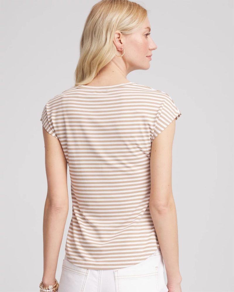 Chicos Neutral Striped Cap Sleeve Dolman Tee - CAFE AROMA