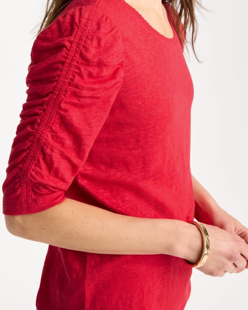 Chicos Linen Ruched Sleeve Tee - CHERRY LUSH