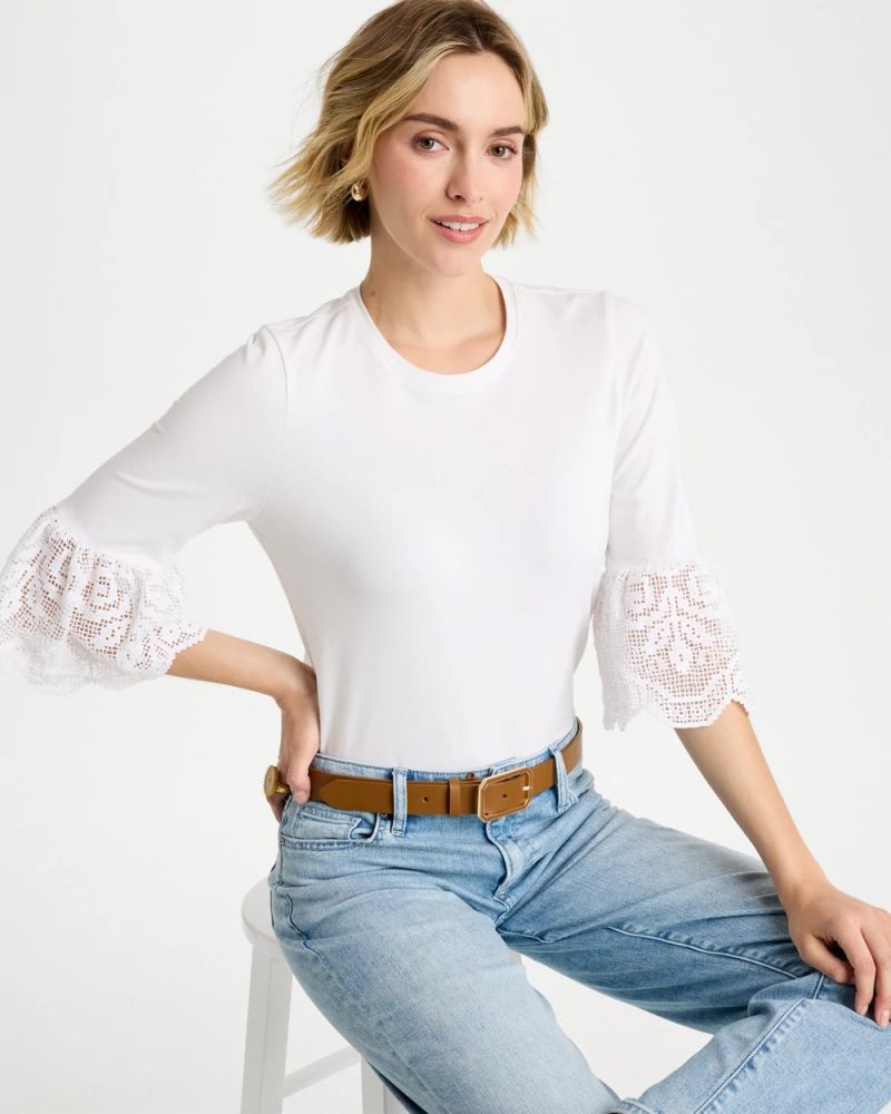 Chicos Cotton Lace Flutter Sleeve Tee - ALABASTER