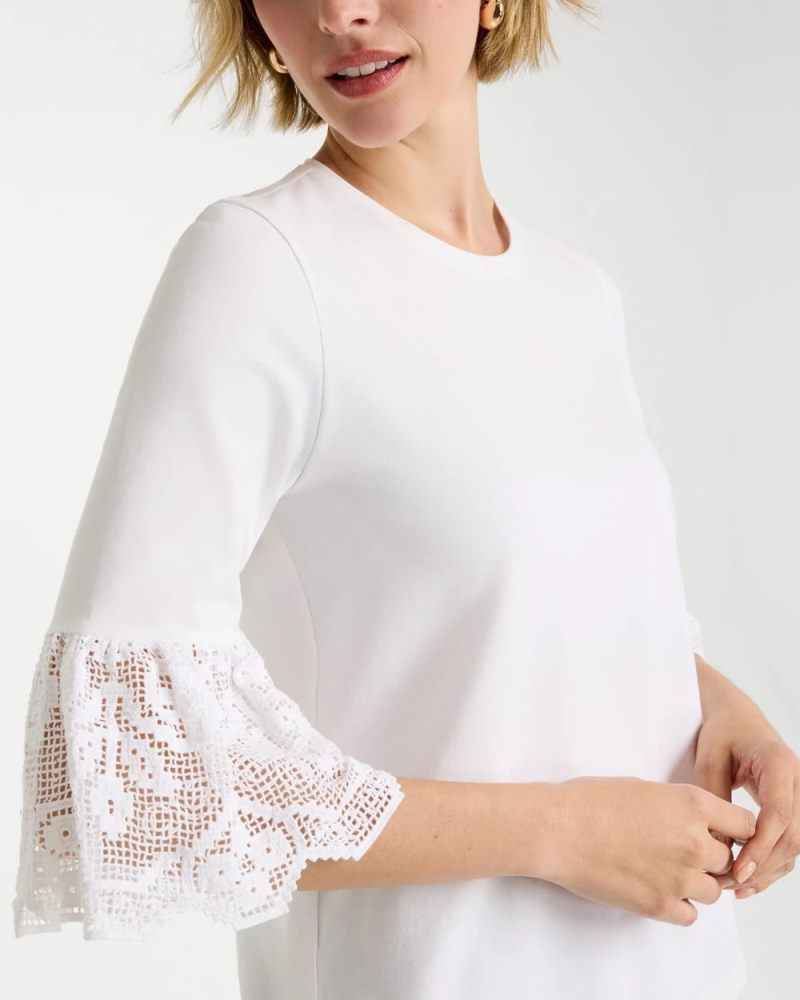 Chicos Cotton Lace Flutter Sleeve Tee - ALABASTER