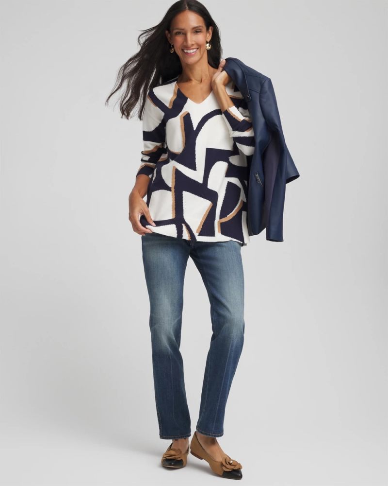 Chicos Geo Intarsia V-Neck Tunic - PASSPORT BLUE