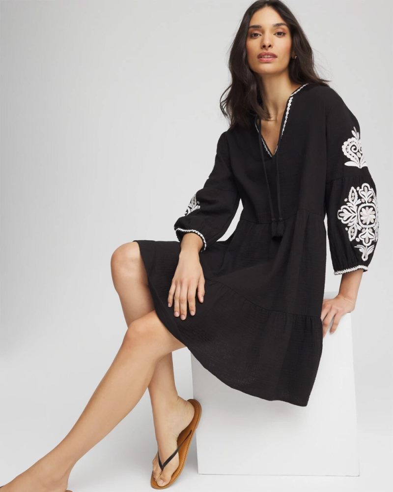 Chicos Woven Embroidered Swim Cover-Up - BLACK