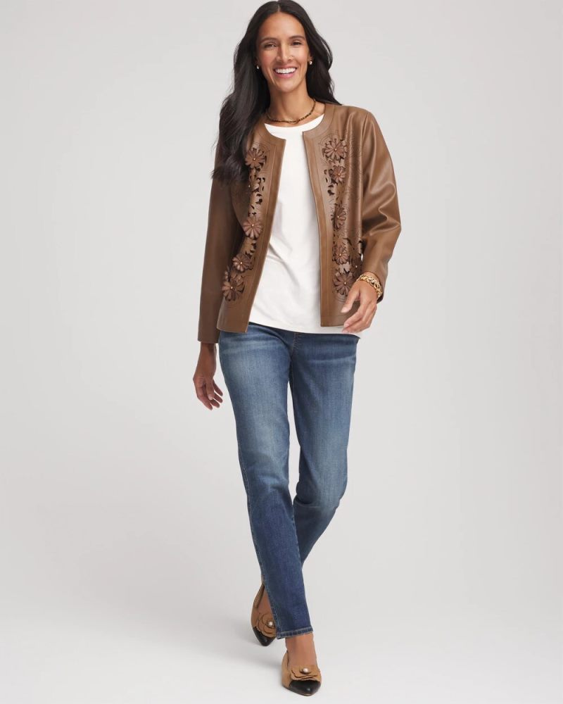 Chicos Floral Cutwork Faux Leather Jacket - CHOCOLATE TRUFFLE