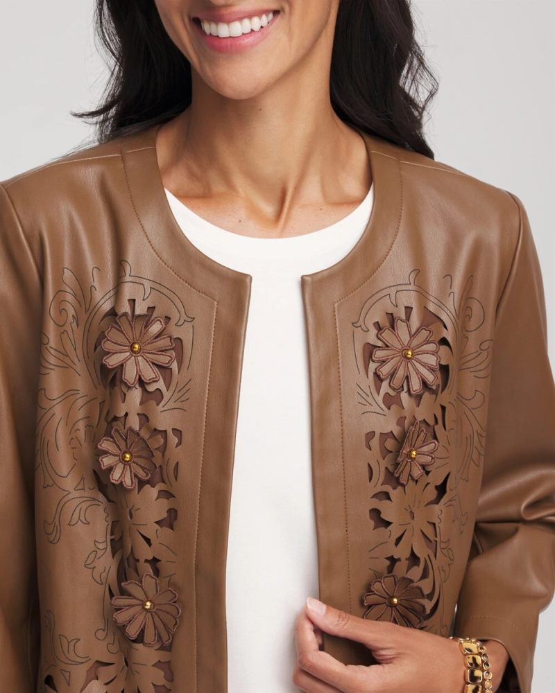 Chicos Floral Cutwork Faux Leather Jacket - CHOCOLATE TRUFFLE