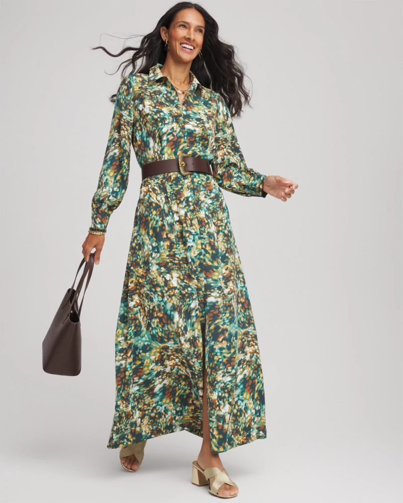 Chicos Printed Long-Sleeved Shirtdress - DARKEST SPRUCE