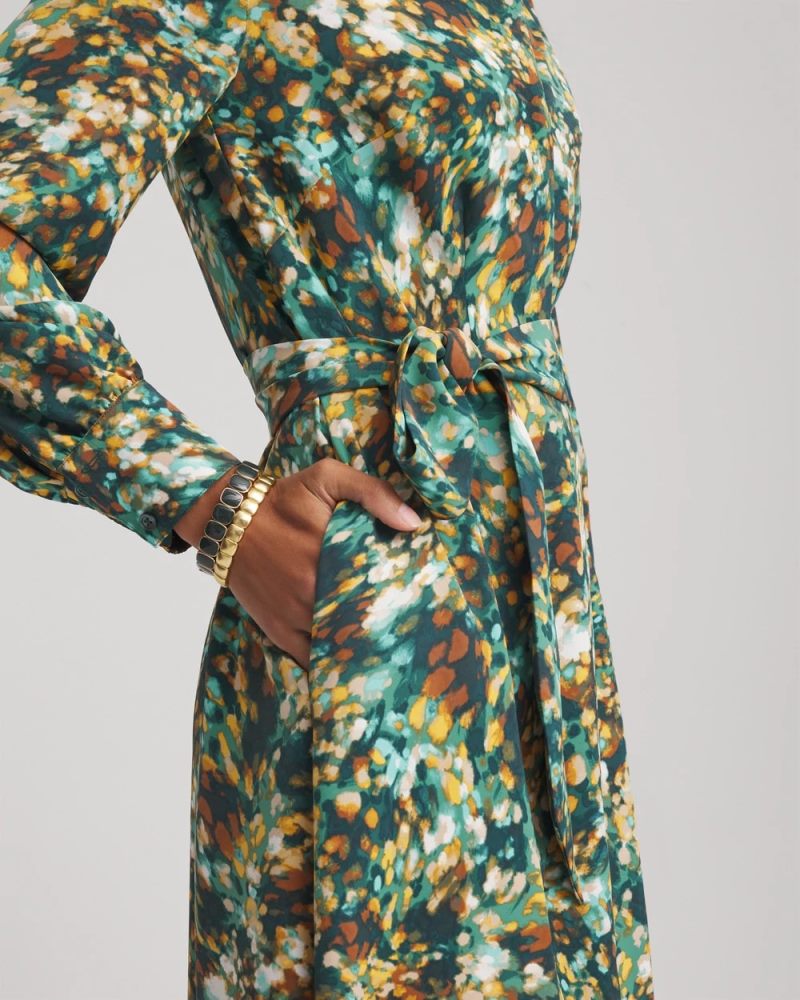 Chicos Printed Long-Sleeved Shirtdress - DARKEST SPRUCE