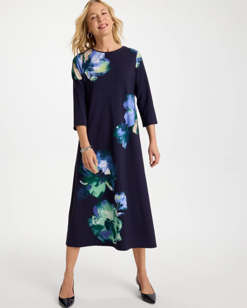 Chicos Floral 3/4 Sleeve Maxi Dress - PASSPORT BLUE
