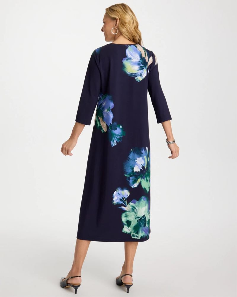 Chicos Floral 3/4 Sleeve Maxi Dress - PASSPORT BLUE