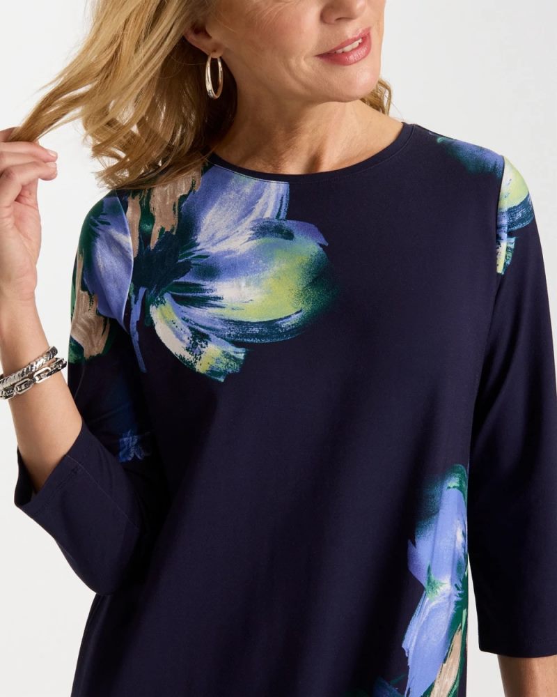 Chicos Floral 3/4 Sleeve Maxi Dress - PASSPORT BLUE