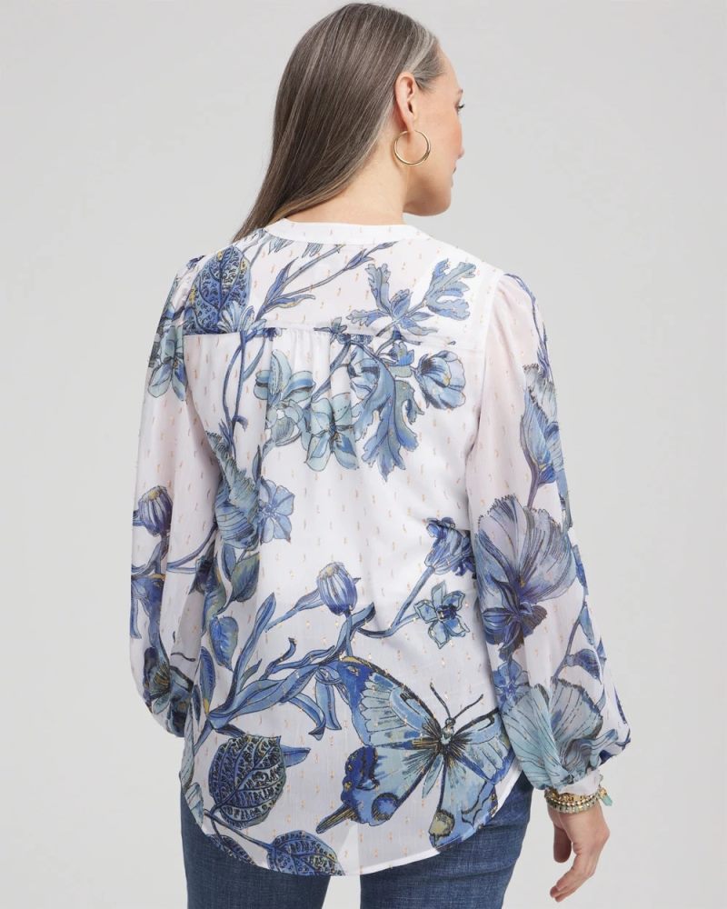 Chicos Butterfly Chiffon Split Neck Blouse - BLUE CASA