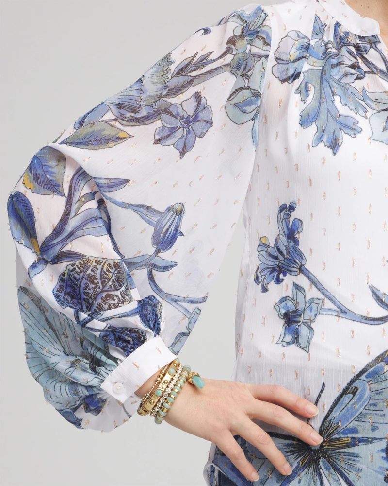Chicos Butterfly Chiffon Split Neck Blouse - BLUE CASA