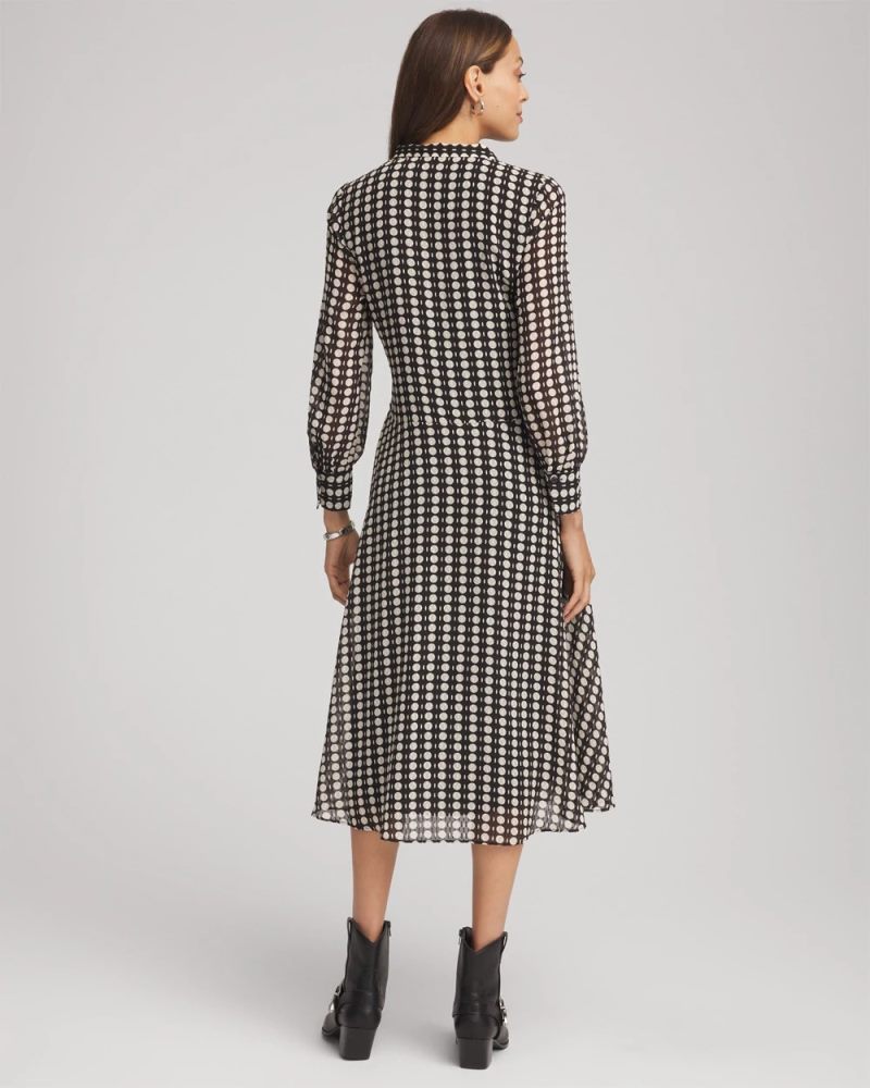Chicos Chiffon Clip-Dot Tie-Neck Dress - BLACK