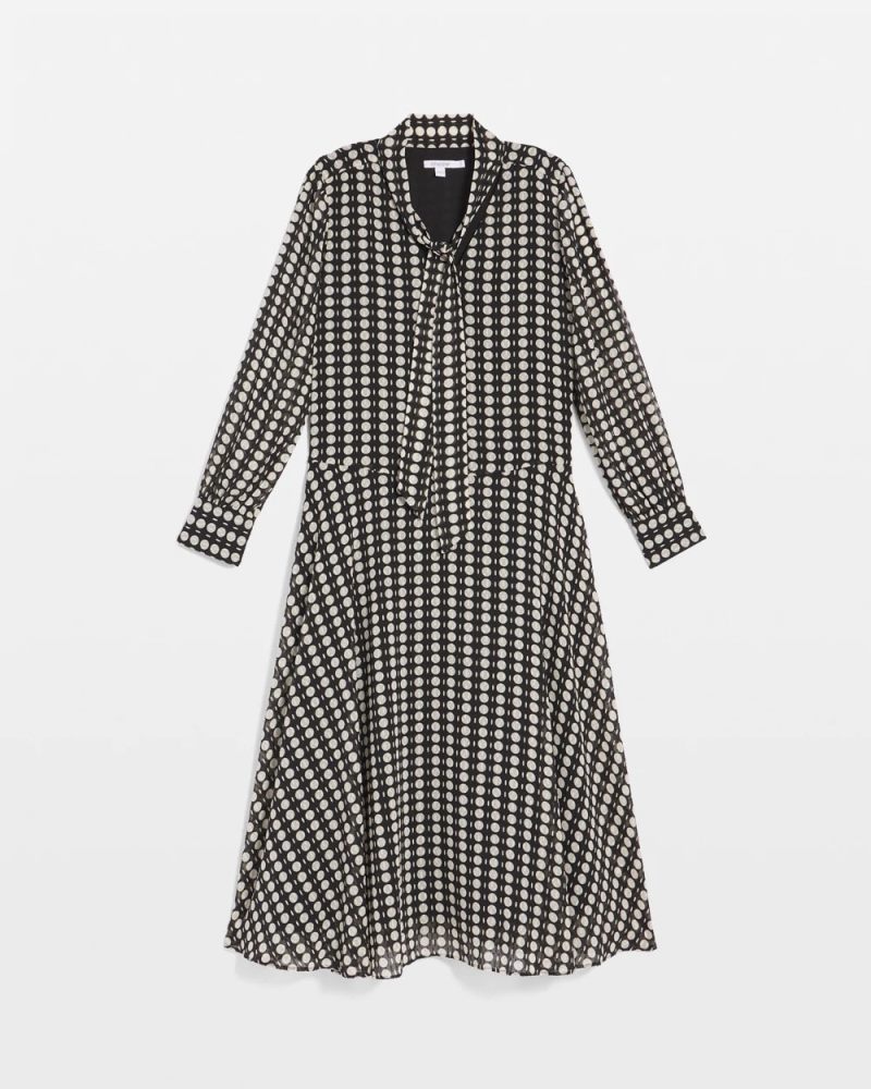 Chicos Chiffon Clip-Dot Tie-Neck Dress - BLACK