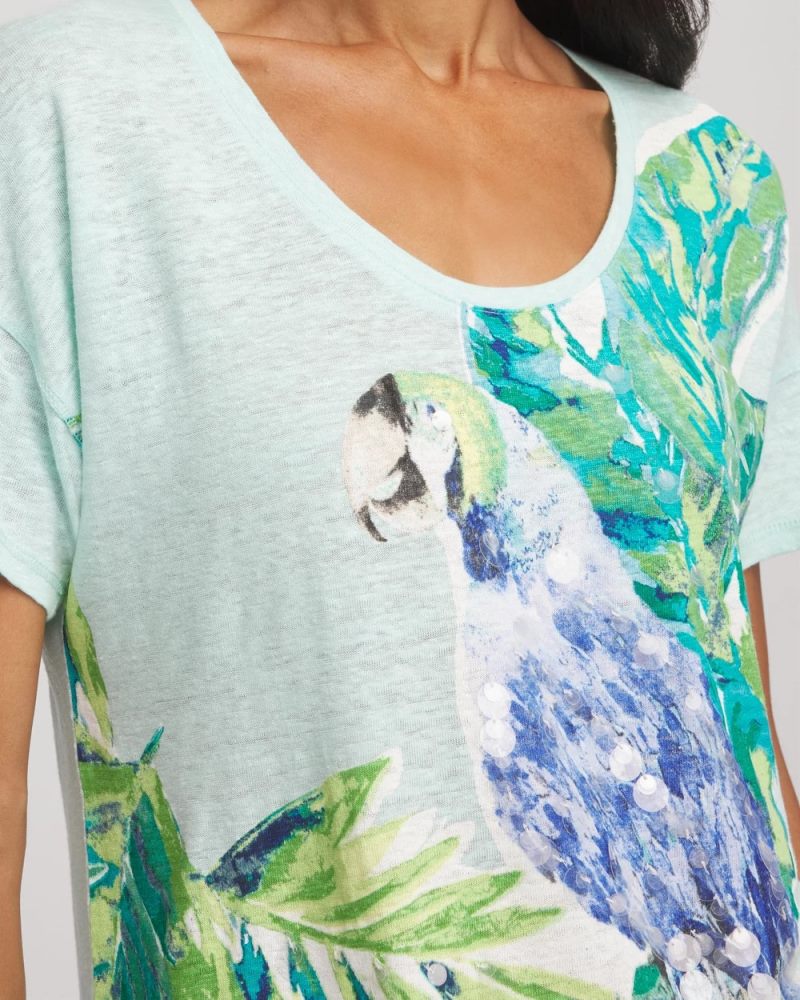 Chicos Linen Embellished Parrot Easy Tee - TEAL WATERS