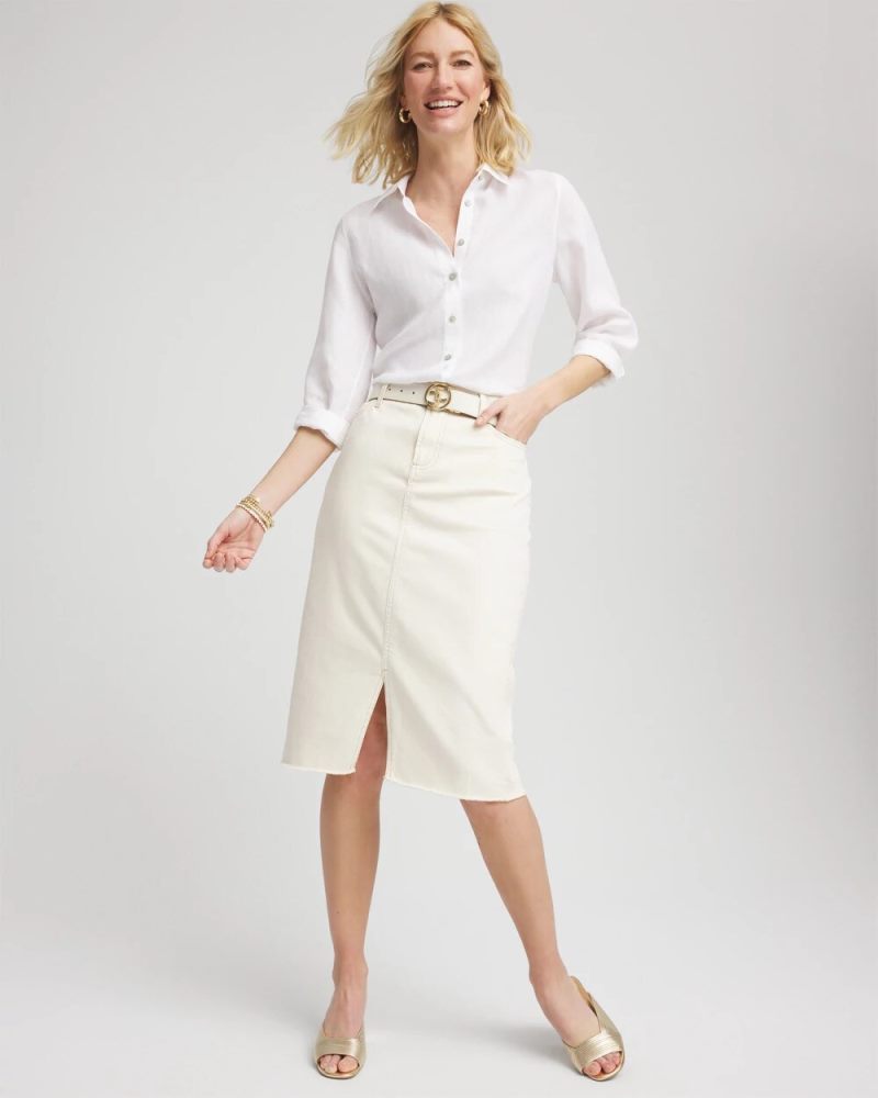 Chicos Frayed High-Rise Midi Stretch Denim Skirt - SEA SALT