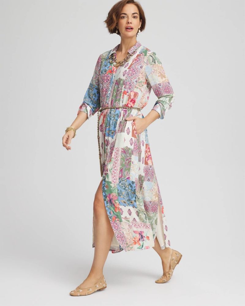 Chicos Belted Paisley Patch Maxi Shirtdress - MINERAL GREEN