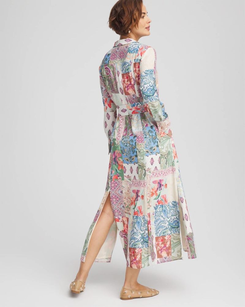 Chicos Belted Paisley Patch Maxi Shirtdress - MINERAL GREEN