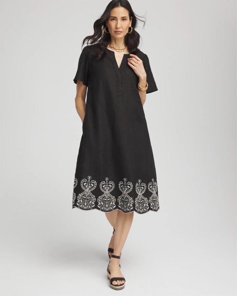 Chicos Embroidered Linen Flutter-Sleeve Dress - BLACK