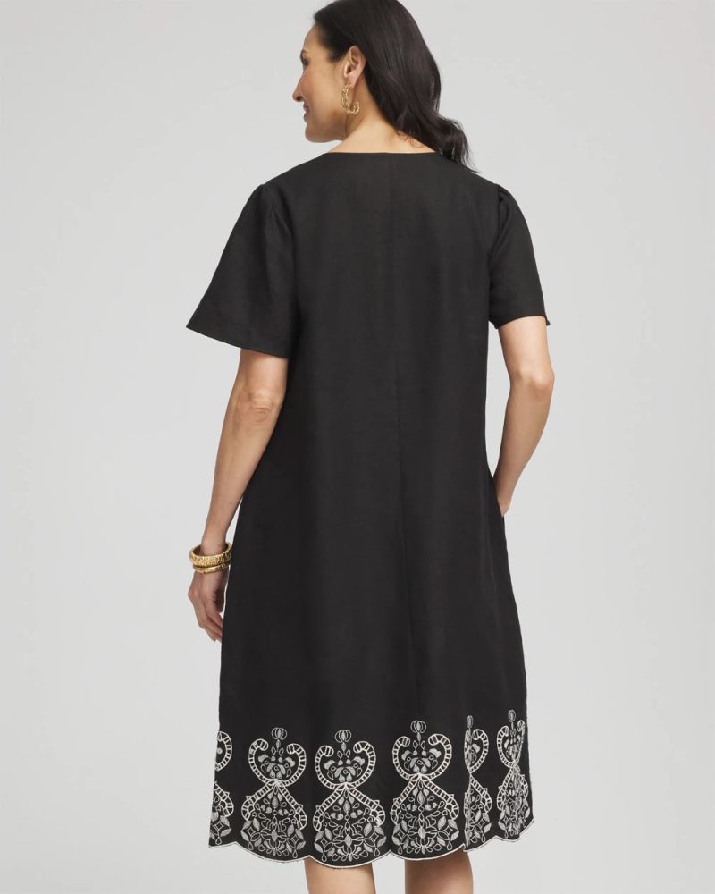 Chicos Embroidered Linen Flutter-Sleeve Dress - BLACK