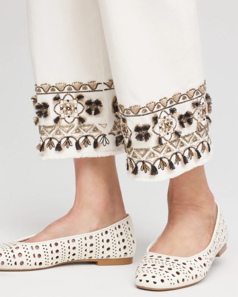 Chicos Girlfriend Embroidered Kick Flare Jeans - ECRU
