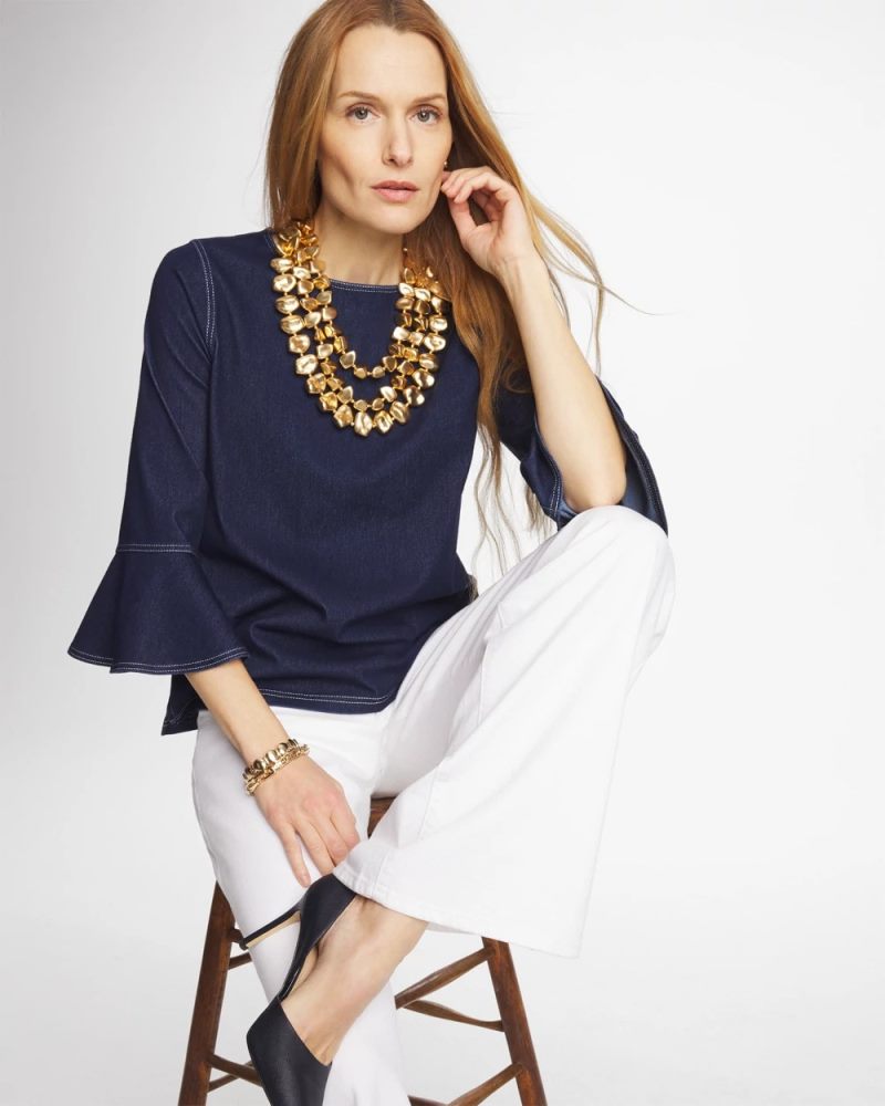 Chicos Indigo Denim Trumpet Sleeve Top - DENIM