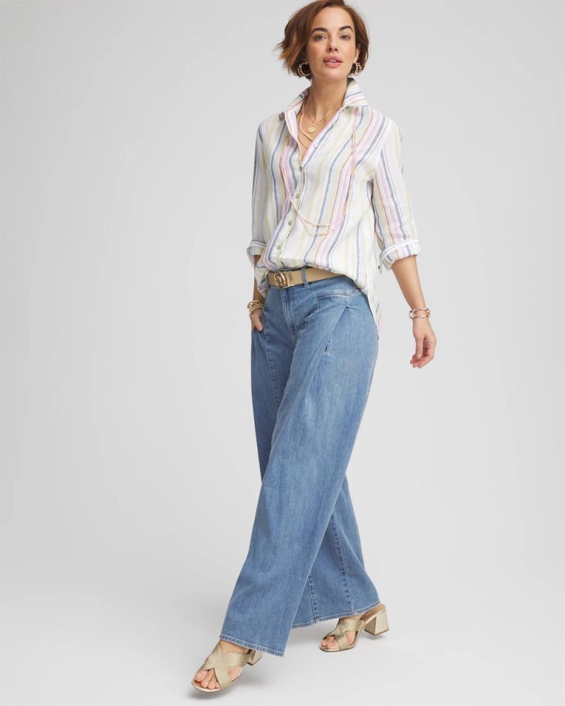 Chicos No Iron Multi Stripe Linen Shirt - LAVENDER SKIES