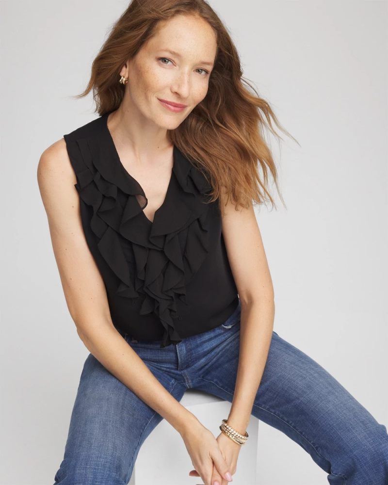 Chicos Satin Ruffle Tank - BLACK