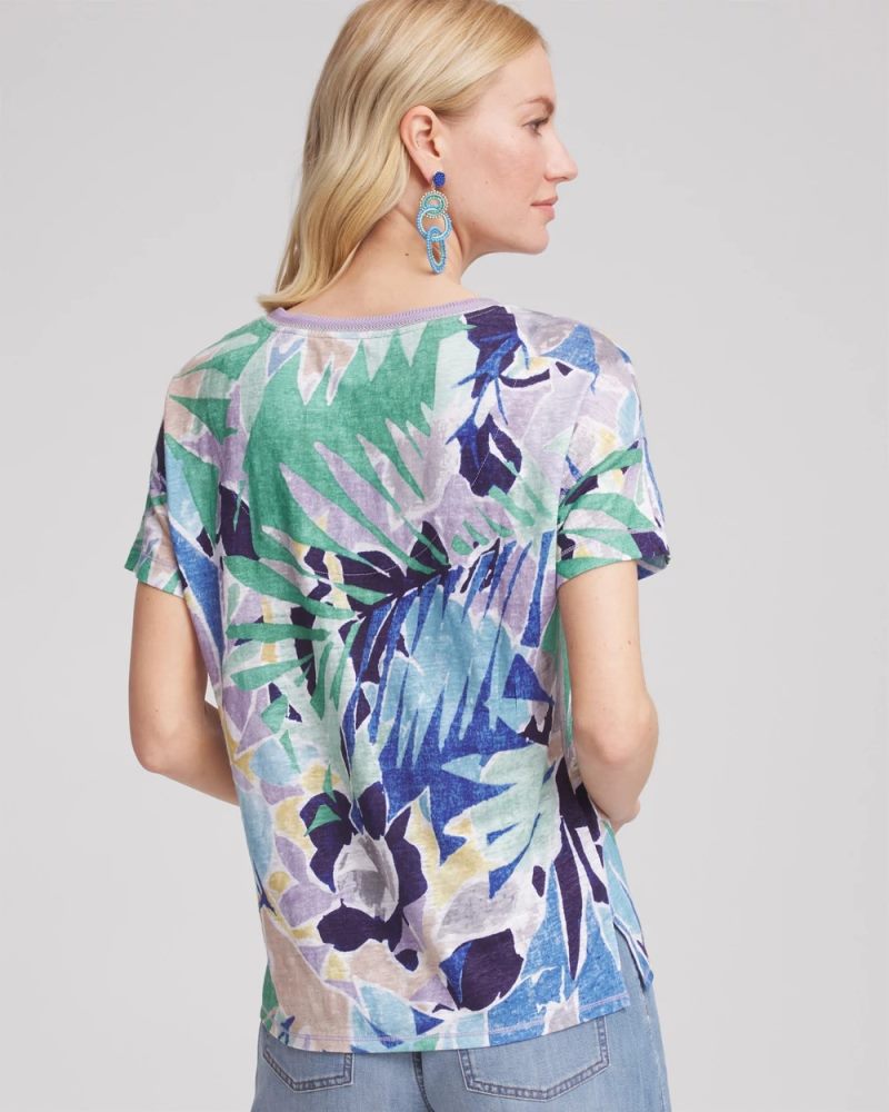 Chicos Tropical Nights Sweater-Trim Linen Tee - BLUE CASA