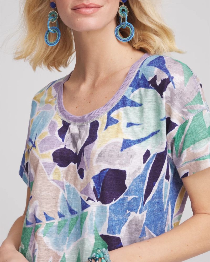 Chicos Tropical Nights Sweater-Trim Linen Tee - BLUE CASA