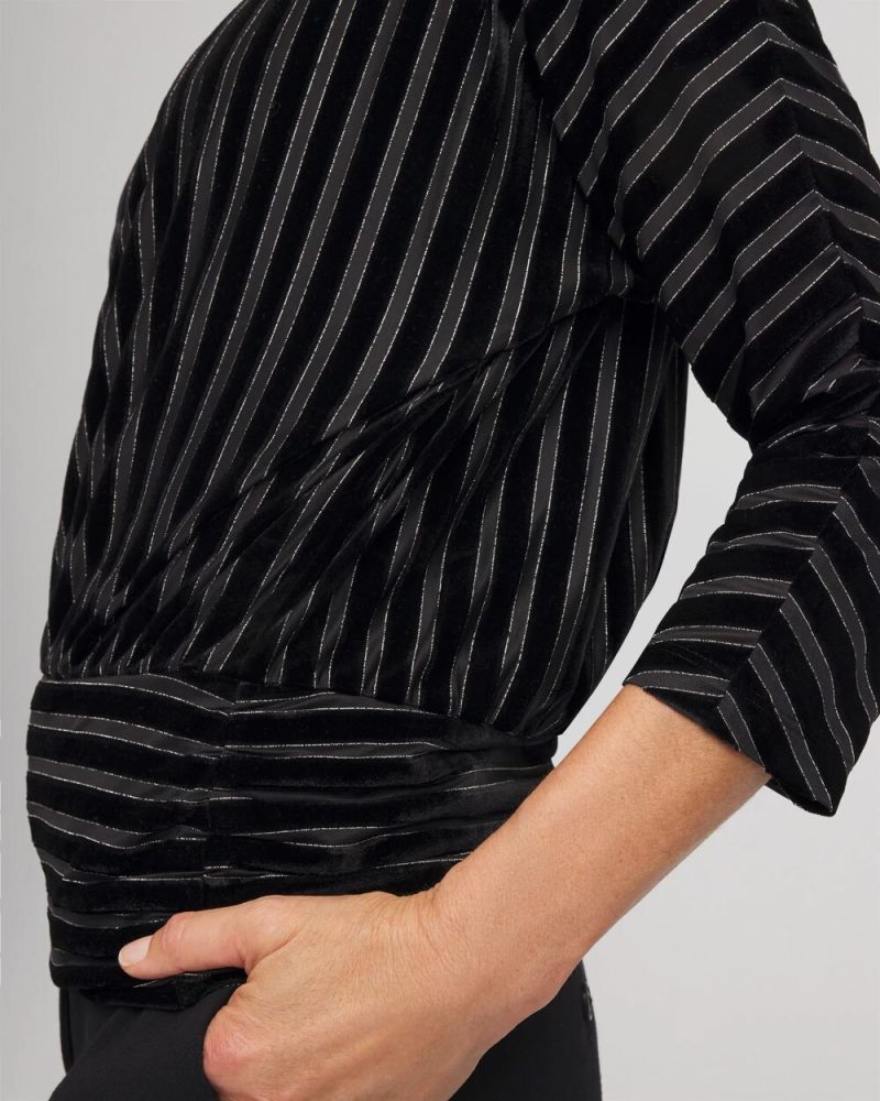 Chicos Velvet Burnout Stripe Banded-Bottom Top - BLACK