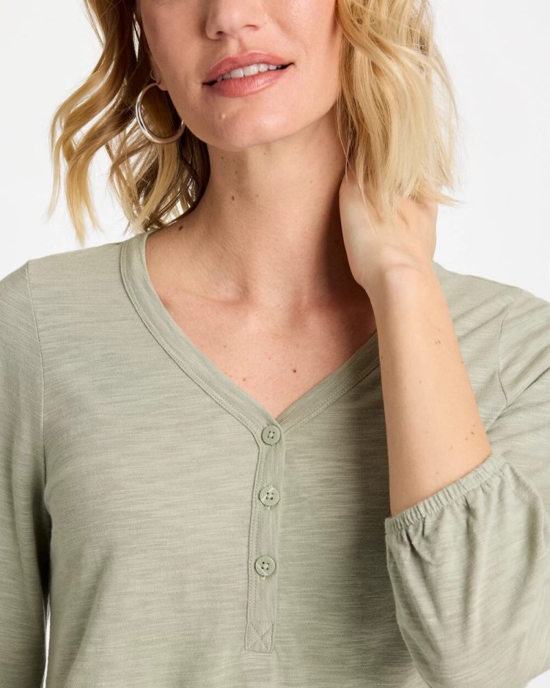 Chicos Puff Sleeve Cotton Slub Henley Tee - SEAGRASS GREEN